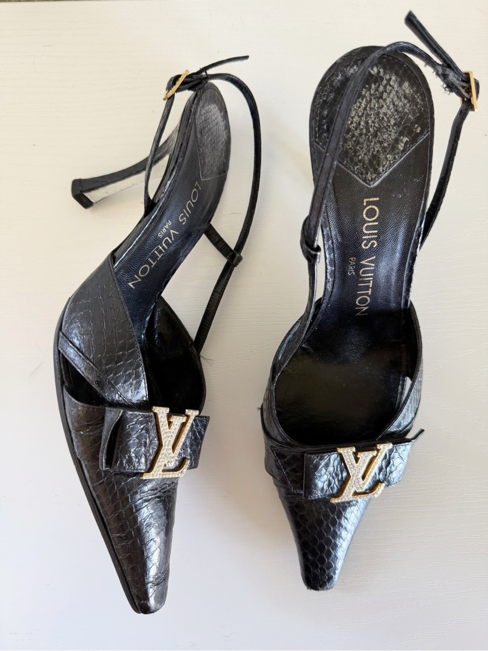Louis Vuitton Slingback Pumps Black Snakeskin Crystal LV EU 37.5 US 7-7.5